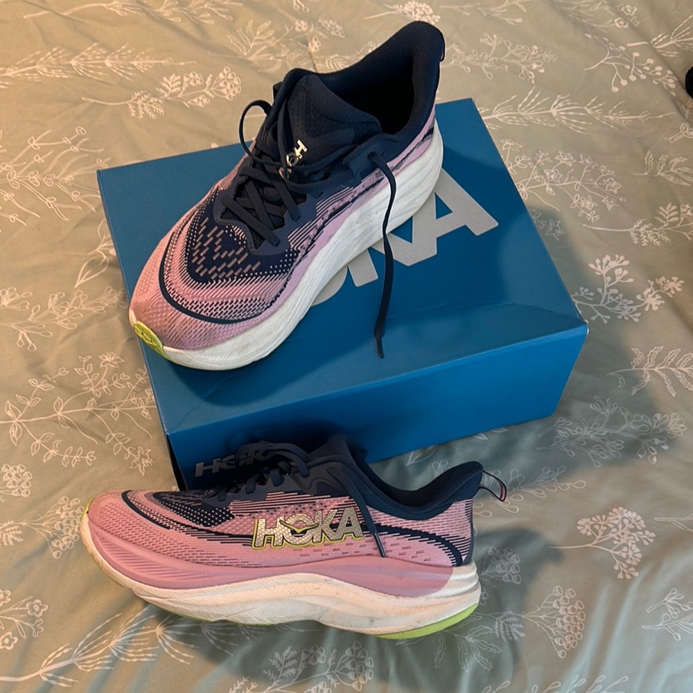 Hoka Pink and Blue Athletic Shoes with Maximalist Cushioning